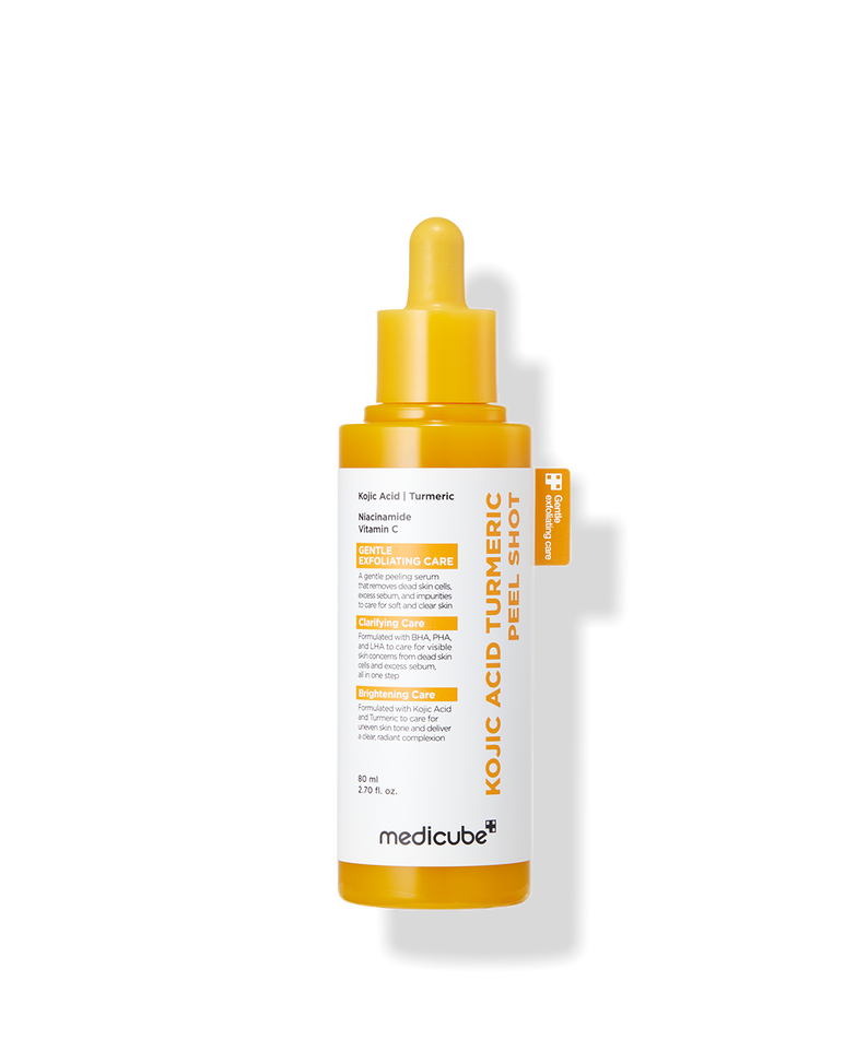 MEDICUBE Kojic Acid Turmeric Peel Shot 80ml de Medicube, flacon jaune-pourpre sur fond noir.