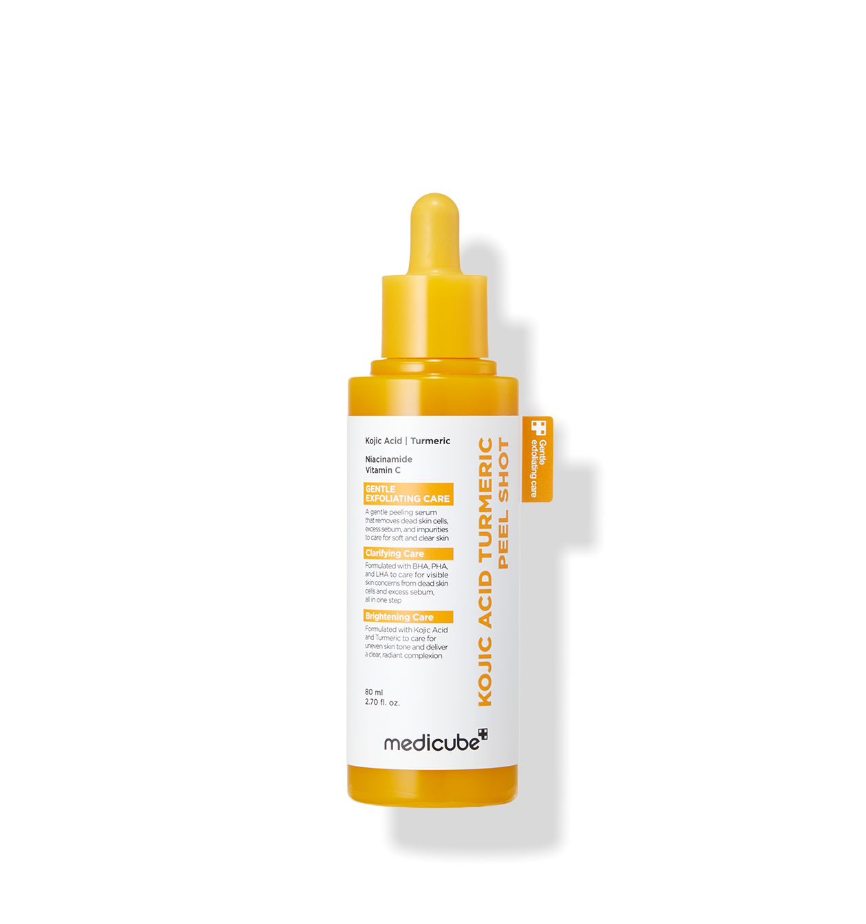 MEDICUBE Kojic Acid Turmeric Peel Shot 80ml de Medicube, flacon jaune-pourpre sur fond noir.