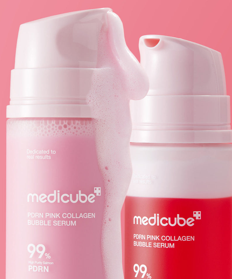 MEDICUBE PDRN Bubble Cream Serum 95ml, flacons crème-bulles médicube sur fond rose, style produit