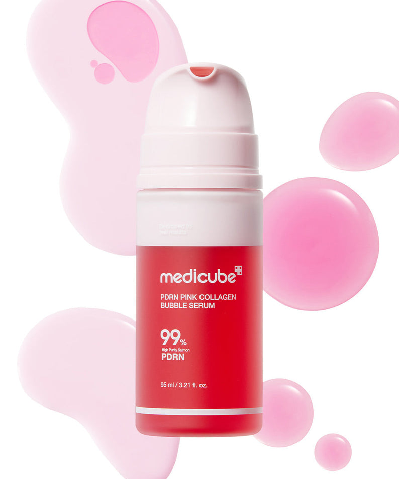 MEDICUBE PDRN Bubble Cream Serum 95ml de la marque MEDICUBE, flacon rouge sur fond rose avec bulles visuelles