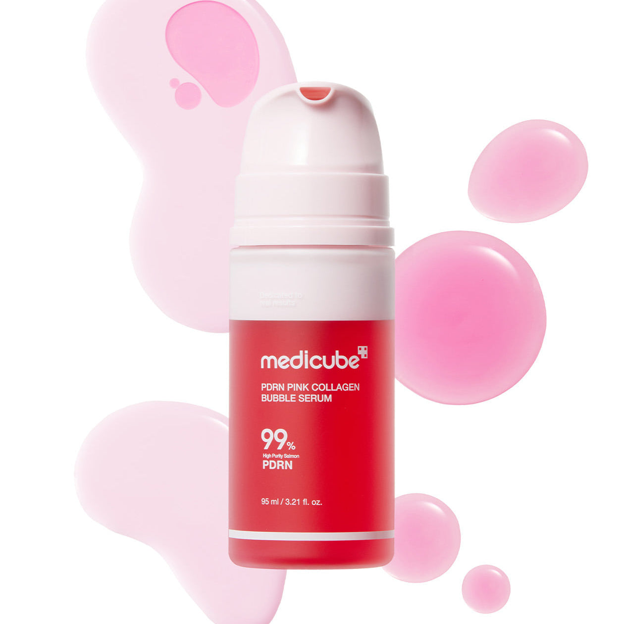 MEDICUBE PDRN Bubble Cream Serum 95ml de la marque MEDICUBE, flacon rouge sur fond rose avec bulles visuelles