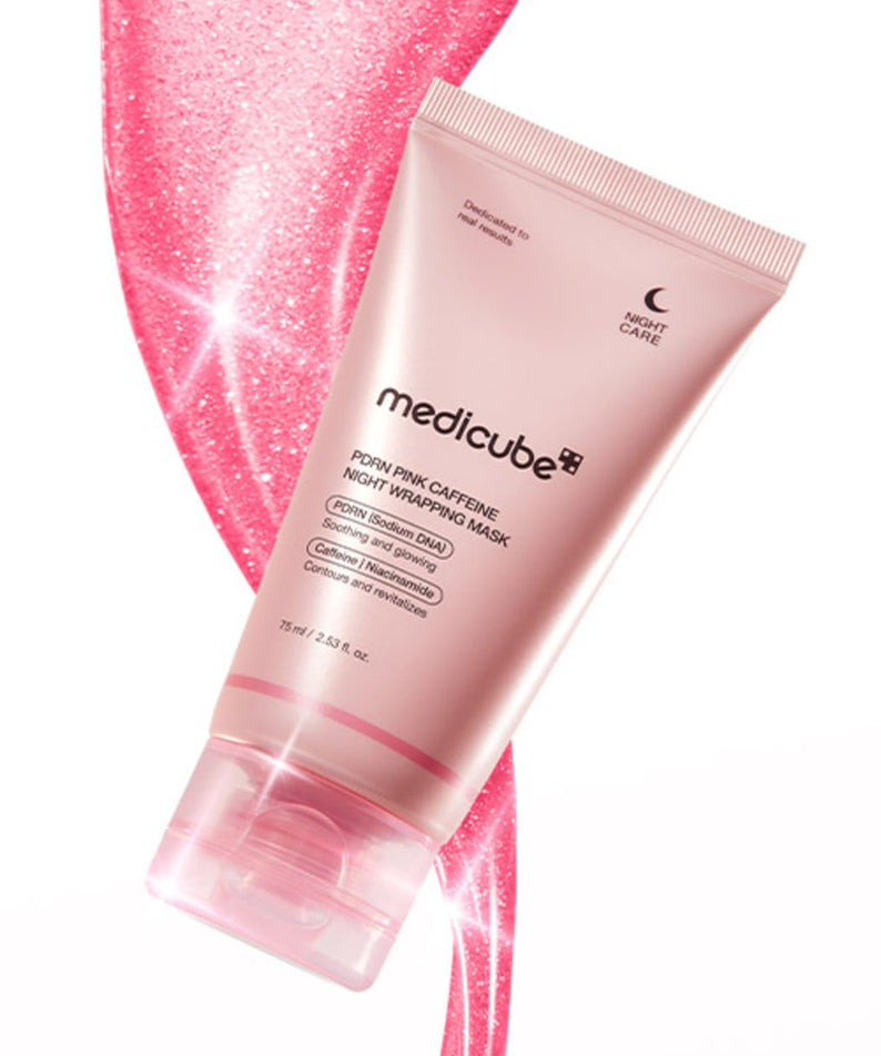 MEDICUBE PDRN Pink Caffeine Night Wrapping Mask 75ml, tube rose scintillant sur fond blanc, marque Medicube