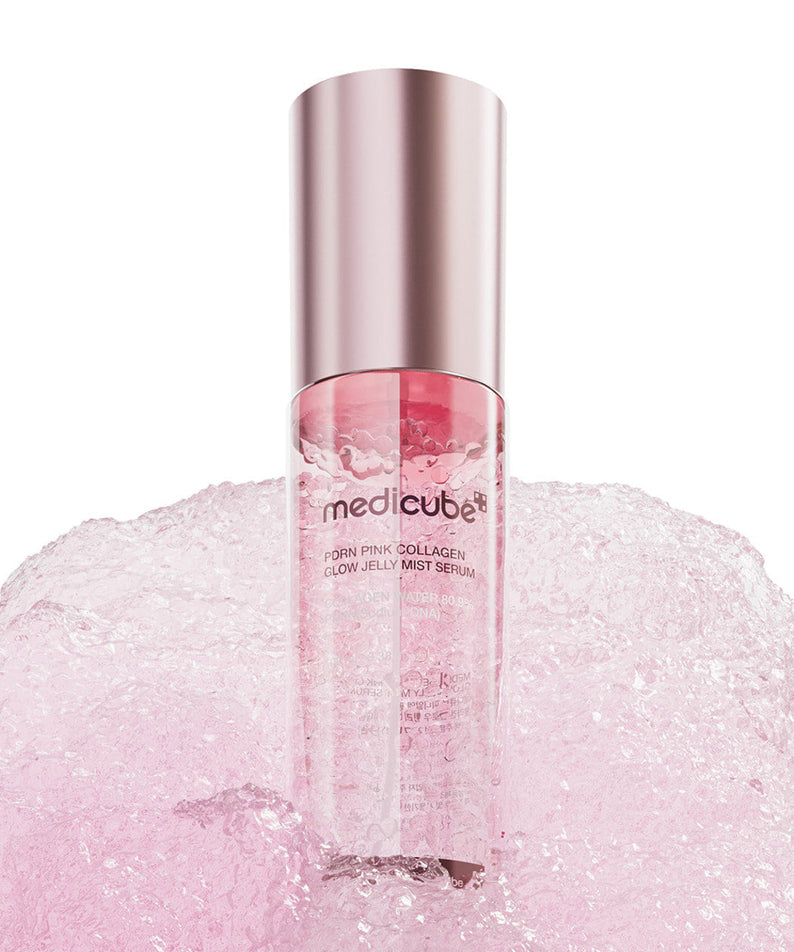 MEDICUBE PDRN Pink Collagen Jelly Mist Serum 100ml, flacon rose medícube sur fond blanc, texture gelée en spray