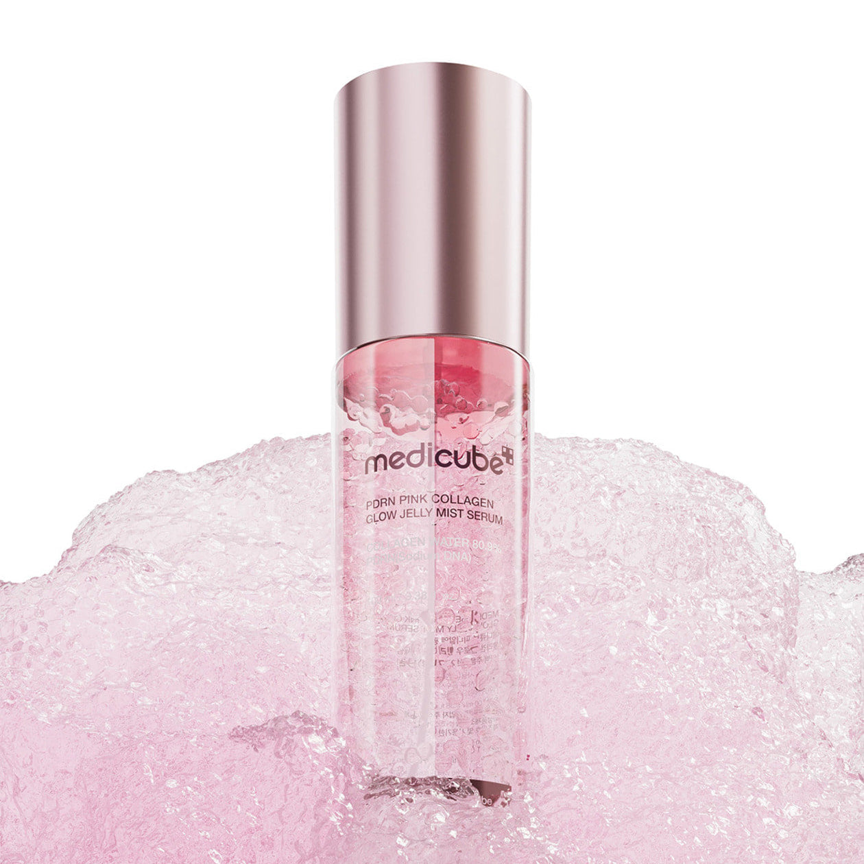 MEDICUBE PDRN Pink Collagen Jelly Mist Serum 100ml, flacon rose medícube sur fond blanc, texture gelée en spray