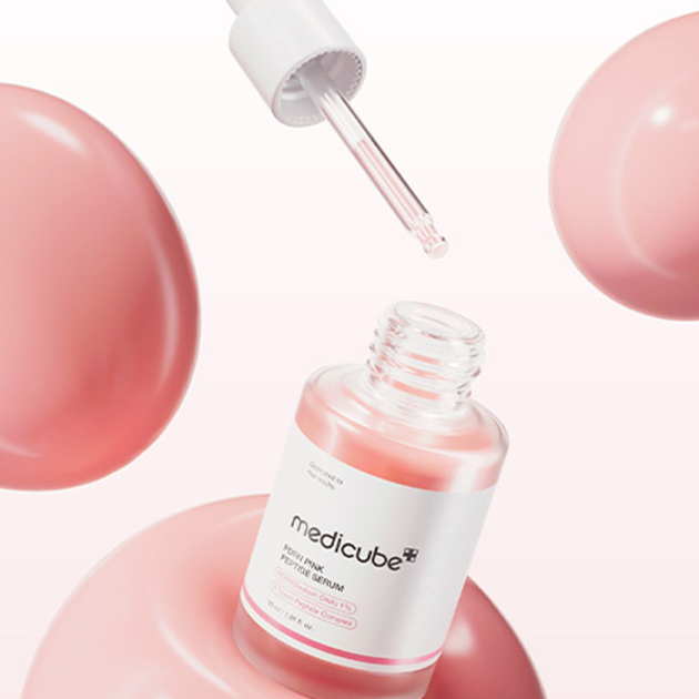 MEDICUBE PDRN Pink Peptide Ampoule de MedCube, fiole rose sur fond blanc, contexte visuel beauté cosmétique.