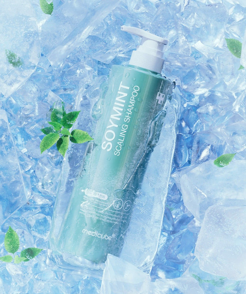 MEDICUBE Soymint Scaling Shampoo 490ml en bouteille bleue, sur fond glace avec feuilles, look rafraîchissant
