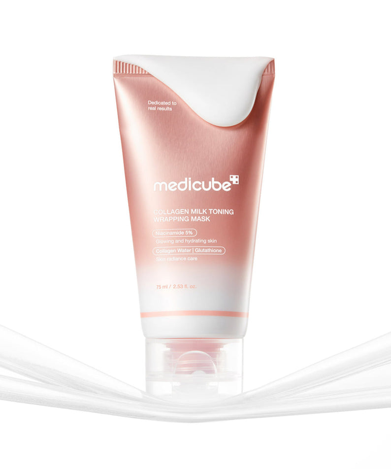 Crème MEDICUBE Collagen Milk Wrapping Mask 80ml en tube rose pour soin hydratant et raffermissant de la peau.