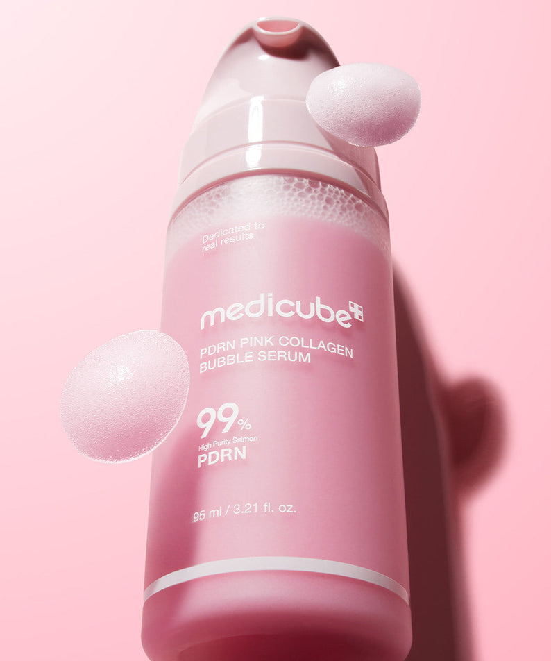 Flacon de MEDICUBE PDRN Bubble Cream Serum 95ml avec bulles, soin visage pour peau éclatante.