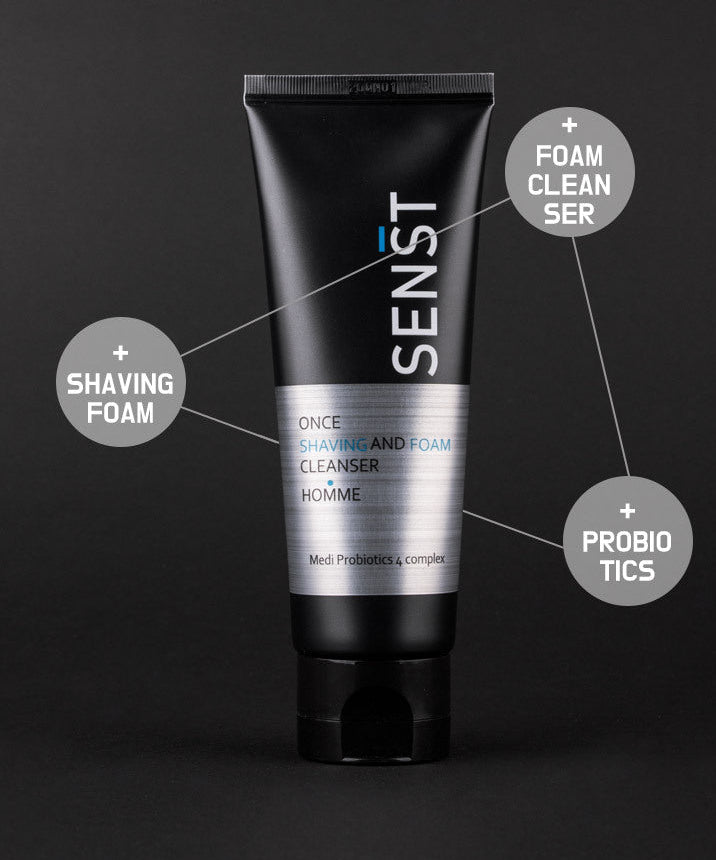 MEDIFLOWER 1+1+1 Sensitive Once Shaving & Foam Cleanser Homme 120ml, tube noir sur fond sombre, marque MediFlower.