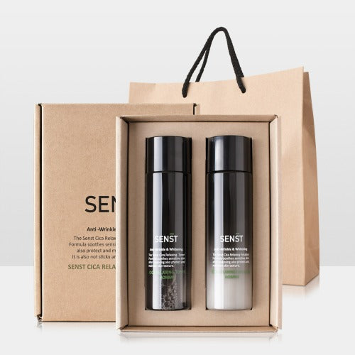MEDIFLOWER Senst Cica Relaxing Homme 2 Pieces, coffret soins pour homme, flacons noirs et blancs, sac cadeau beige