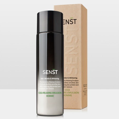 MEDIFLOWER Senst Cica Relaxing Homme Emulsion 200ml : flacon noir et boîte kraft sur fond clair