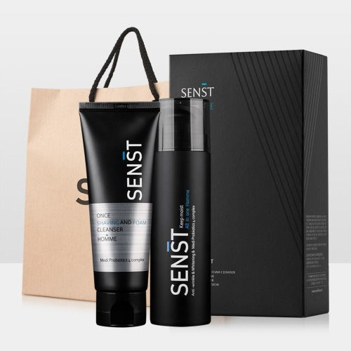 Décris l’image en français : MEDIFLOWER Senst Men's Keep Moist All-in-one 2 Pieces, produits pour homme sur fond clair, pack noir.