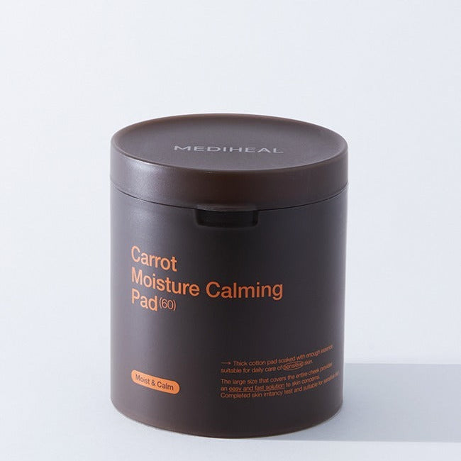 MEDIHEAL Carrot Moisture Soothing Pads 60 Sheets, pot noir, pack photo produit sur fond clair, marque MEDIHEAL visible.
