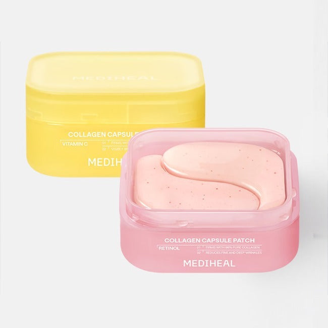 MEDIHEAL Collagen Capsule Patch 60 sheets, duo de boîtes jaune et rose sur fond blanc, capsules patch visibles