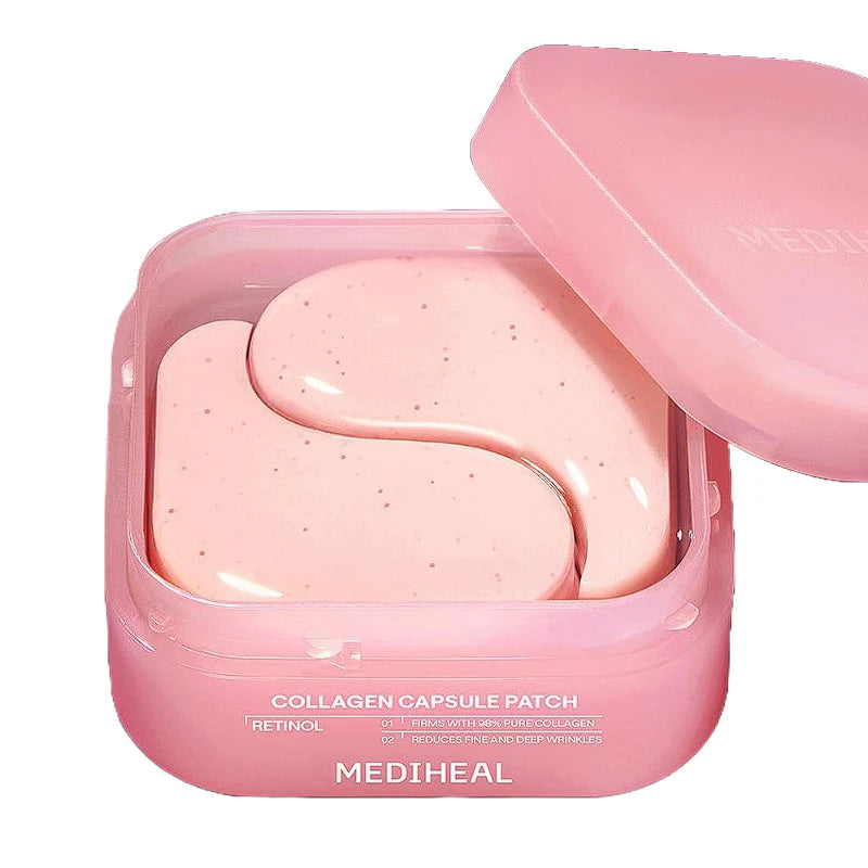 MEDIHEAL  Collagen Capsule Patch 60 sheets, patch au collagène en boîtier rose, plaquette ouverte sur fond blanc