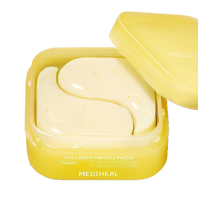 MEDIHEAL  Collagen Capsule Patch 60 sheets, boîte jaune ouverte montrant un patch aux capsules, fond blanc.