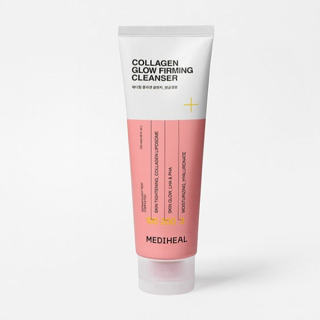 MEDIHEAL Collagen Glow Firming Cleanser 120ml, tube blanc et rose sur fond clair, produit de la marque MEDIHEAL.