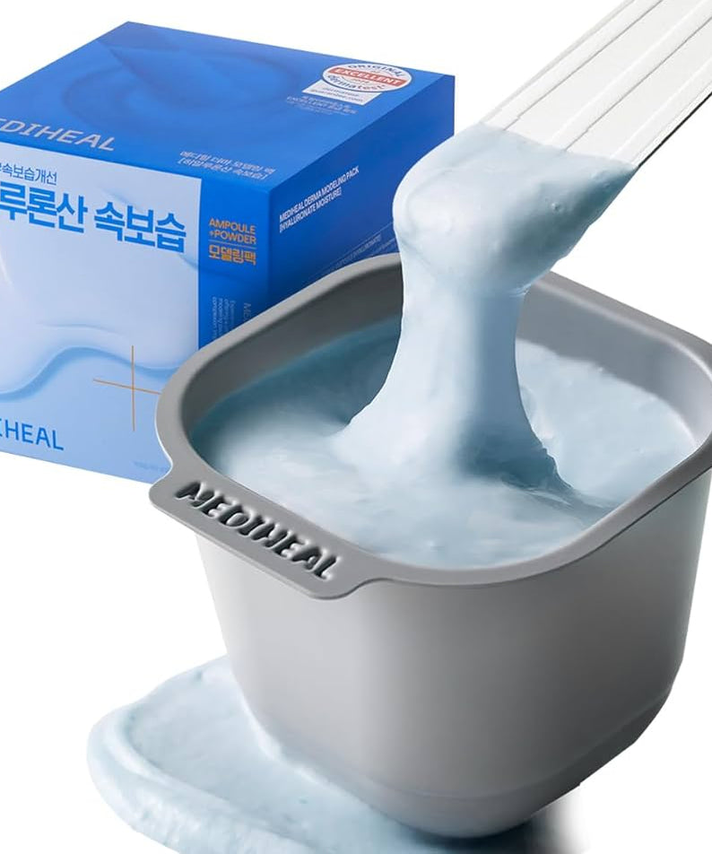 Pack de modelage MEDIHEAL Derma [Hyaluronic Acid Moisturizing] avec texture crémeuse bleue pour hydratation intense en français.