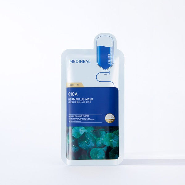 MEDIHEAL Dermaplus Cica Mask 10 Sheet, masque visage Cica de la marque MEDIHEAL, emballage bleu sur fond clair