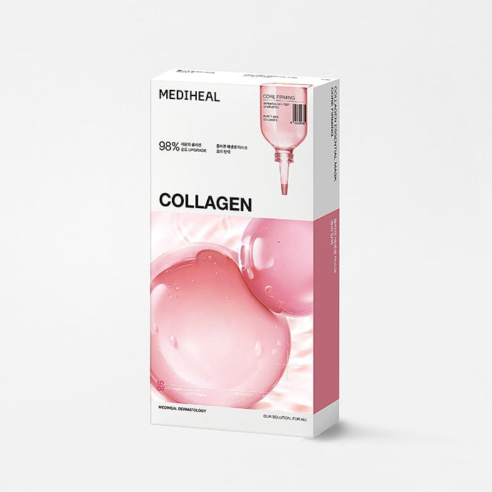 MEDIHEAL N.1 Essential Masks x 10 : pack de masques au collagène sur fond clair, boîte MEDIHEAL, contexte produit.