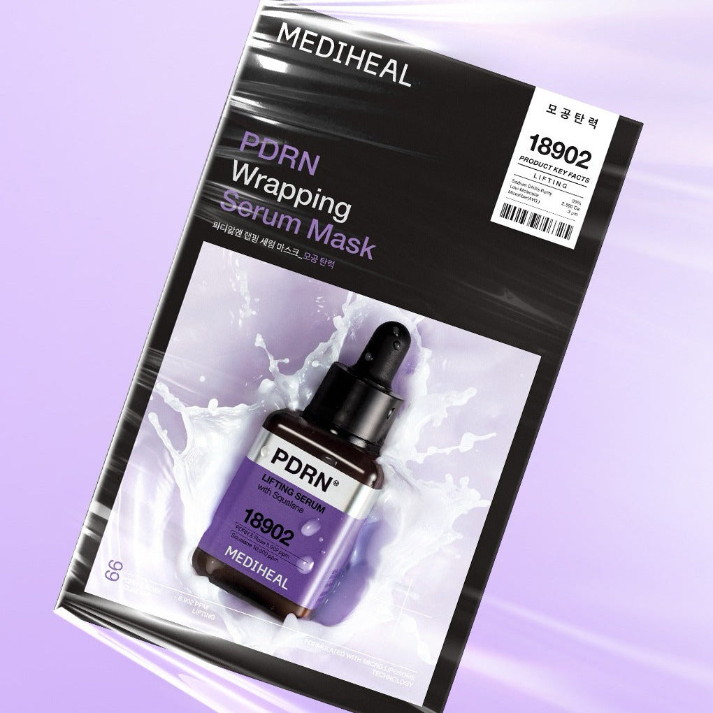 MEDIHEAL  PDRN Wrapping Serum Mask Pore Elasticity10 sheets, masque en emballage noir sur fond violet, photo produit