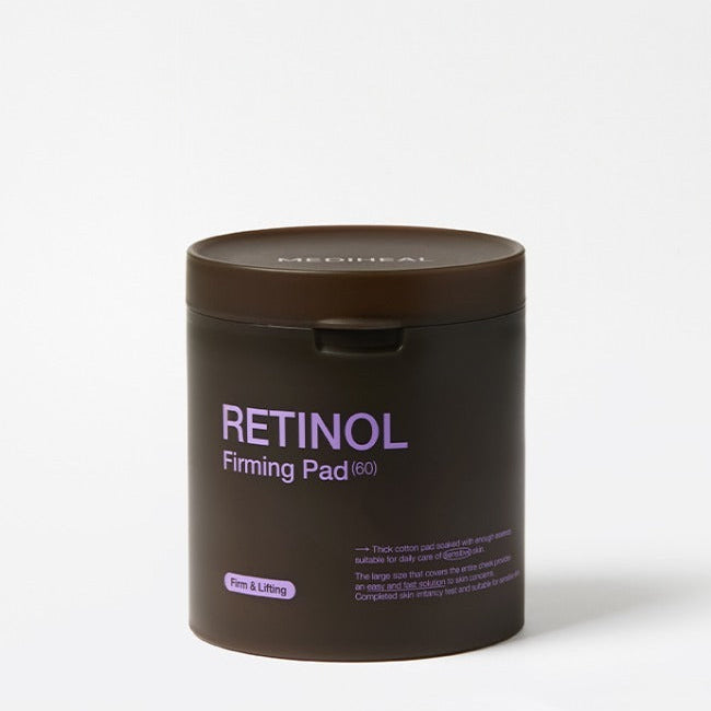 MEDIHEAL Retinol Firming Pads 60 Sheets : boîte marron sur fond clair, visuel produit en français.