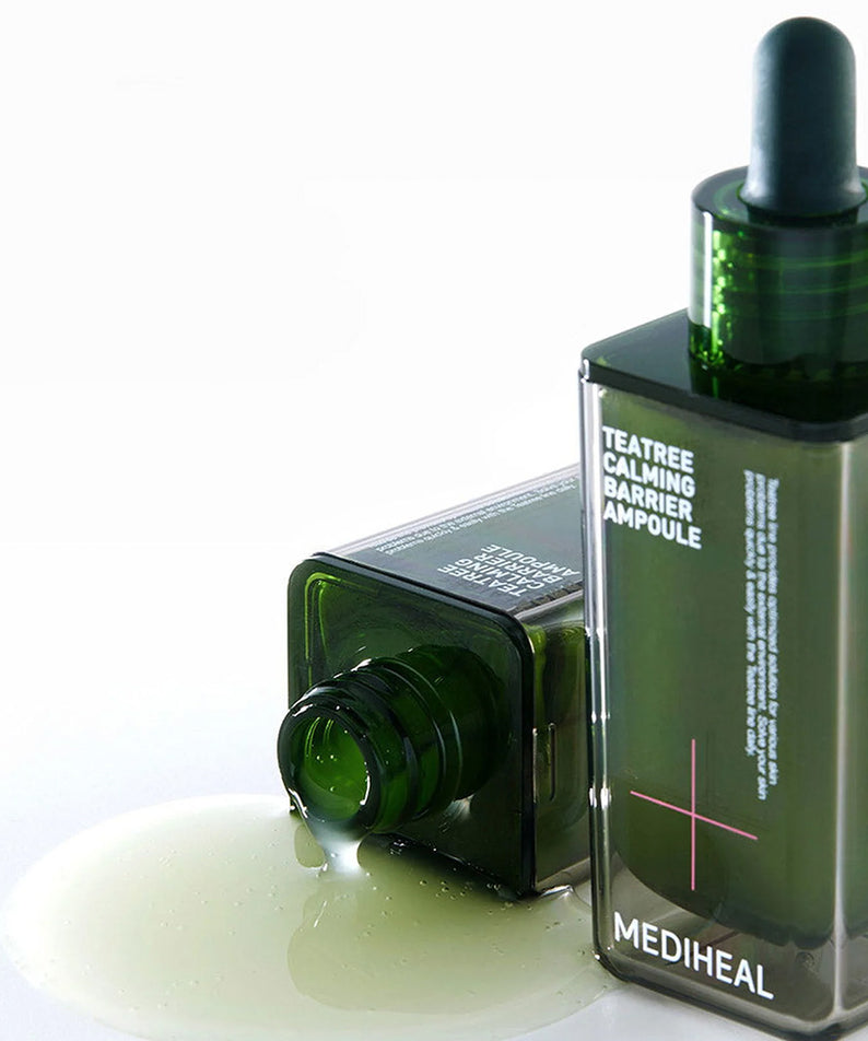 MEDIHEAL Tea Tree Soothing Barrier Ampoule 50ml, flacons de sérum en verre vert avec pipette, apaisant pour la peau