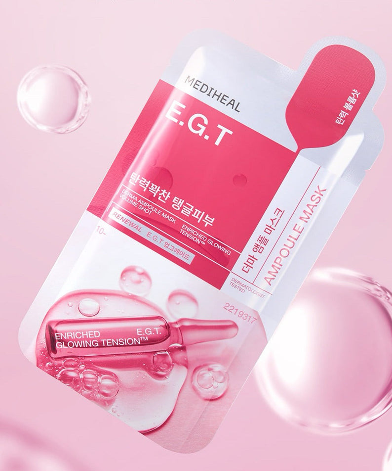 MEDIHEAL The EGT Ampoule Mask 10 sheets : masque en ampoule, marque MEDIHEAL, packaging rose, gouttes sur fond rose