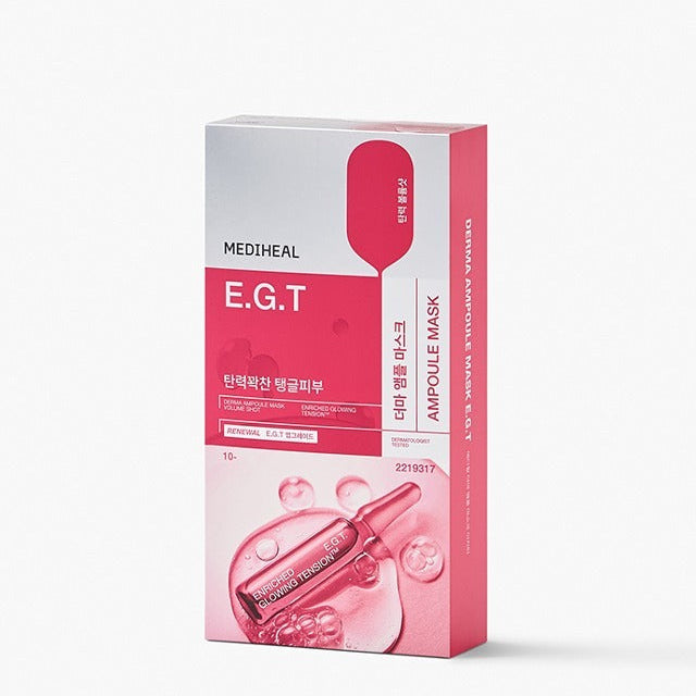 MEDIHEAL The EGT Ampoule Mask 10 sheets, boîte rose avec sérum, sur fond blanc. Produit de la marque MEDIHEAL.