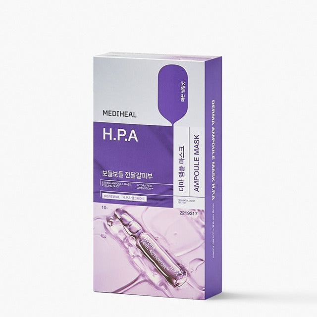 MEDIHEAL  The HPA Ampoule Mask 10 sheets : boîte et ampoules violettes sur fond clair, masque visage hydratant