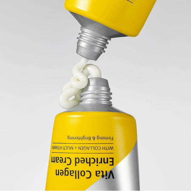 MEDIANSWER Vita Collagen Enriched Cream 50ml, flacon jaune sur fond clair, texture crème visible, illustration produit.