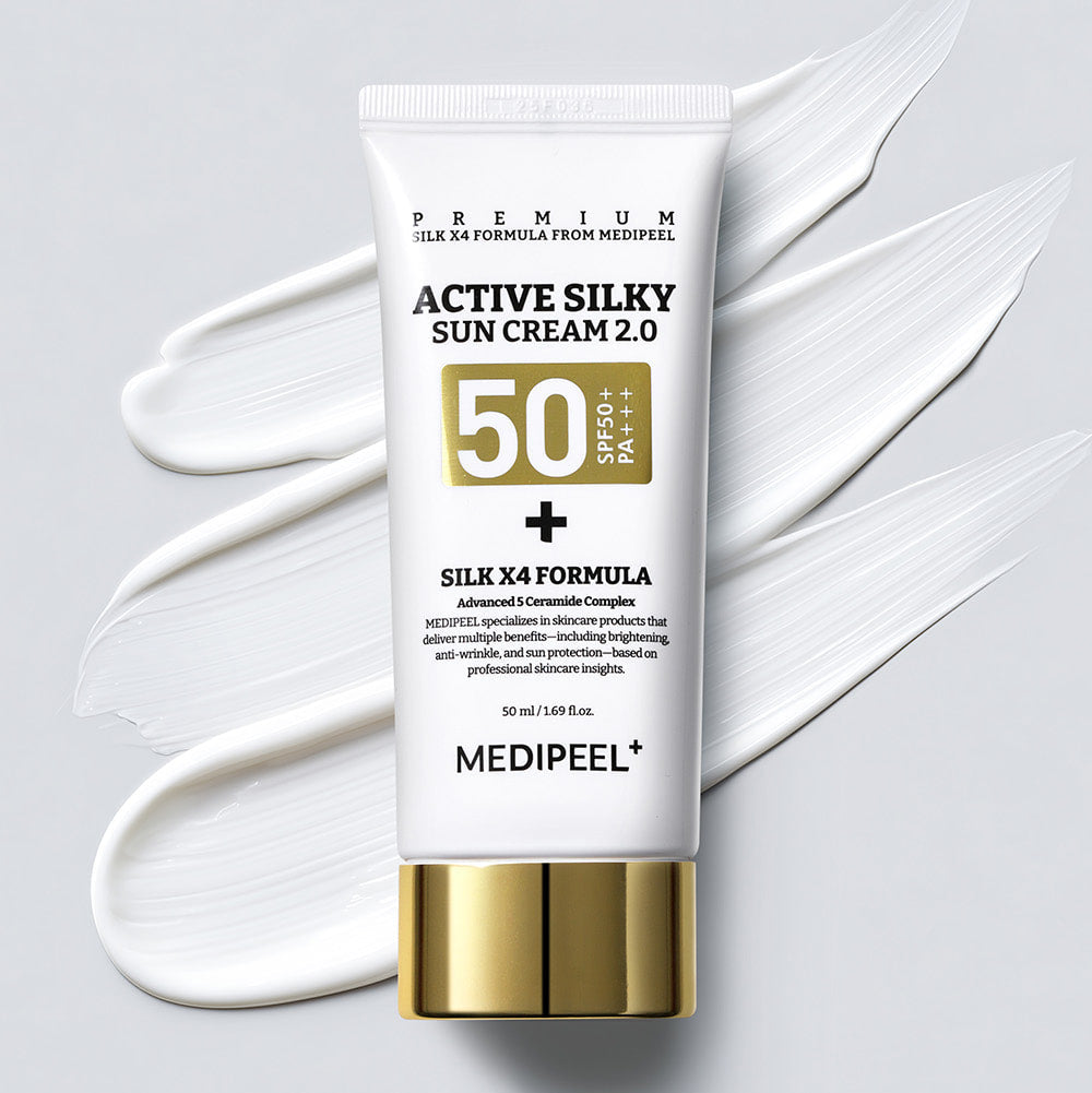 MEDIPEEL Active Silky Sun Cream 2.0 50ml, tube crème solaire sur fond blanc avec texture crème, contexte visuel produit