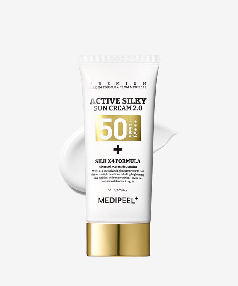MEDIPEEL Active Silky Sun Cream 2.0 50ml, crème solaire SPF50+ en tube blanc sur fond clair, photo produit.