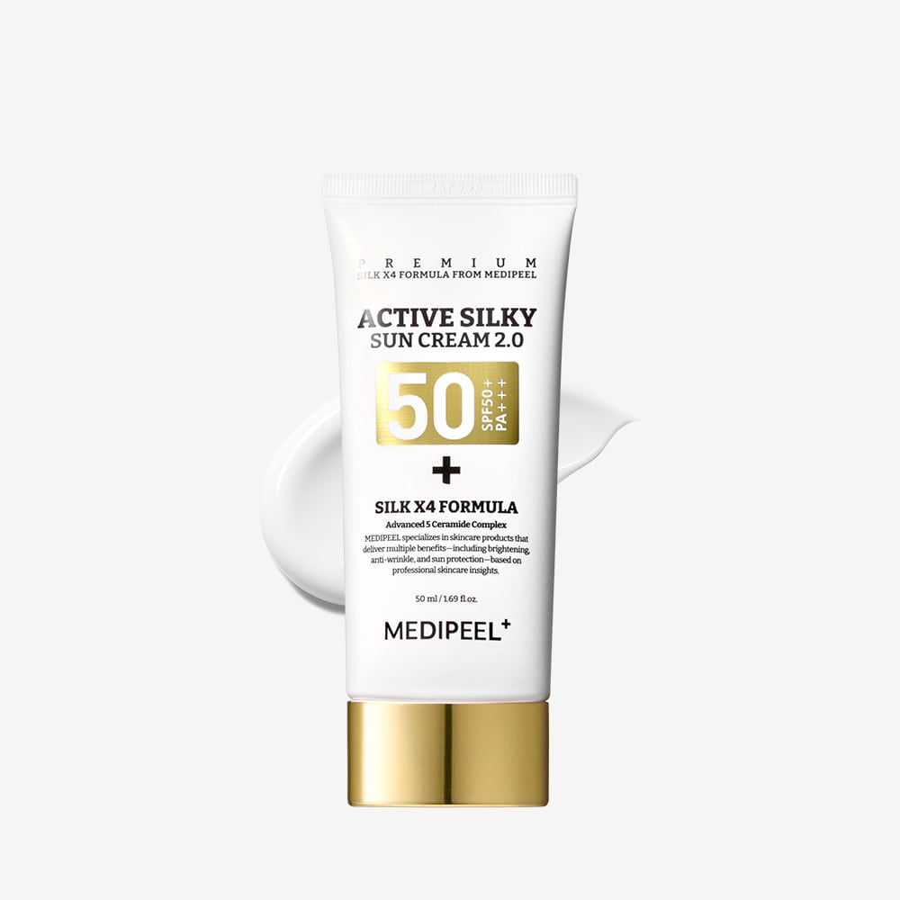 MEDIPEEL Active Silky Sun Cream 2.0 50ml, crème solaire SPF50+ en tube blanc sur fond clair, photo produit.