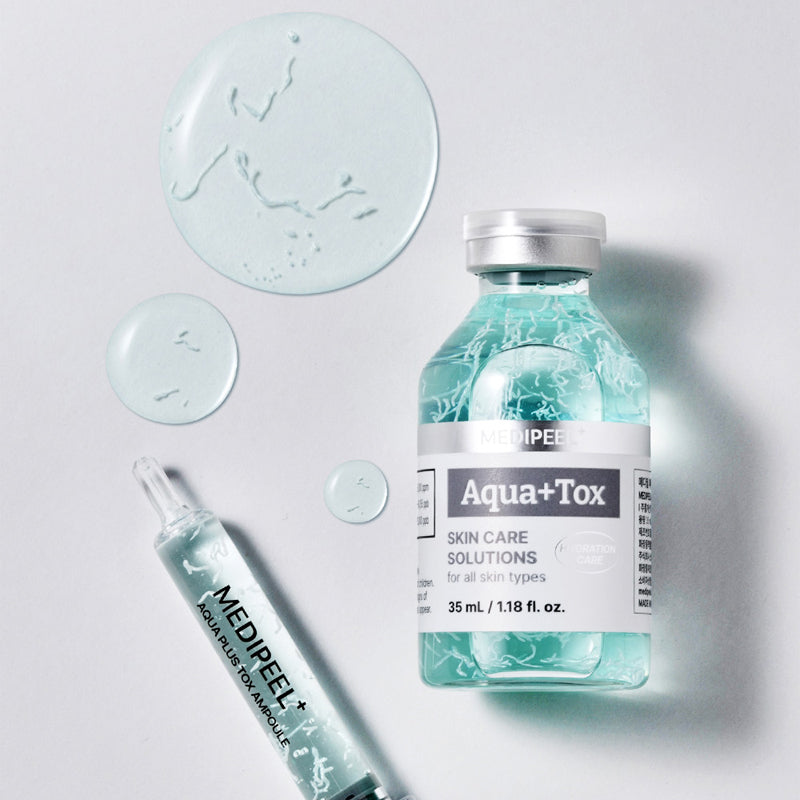 MEDIPEEL Aqua Plus Tox Ampoule 35ml, bouteille et ampoule sur fond clair, contexte skincare cosmétique bleu