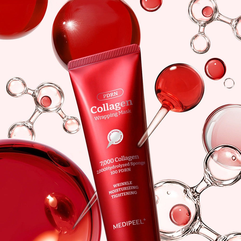 MEDIPEEL Collagen Water Glow Wrapping Mask 100ml, masque hydratant rouge, avec bulles et éléments spa sur fond clair.