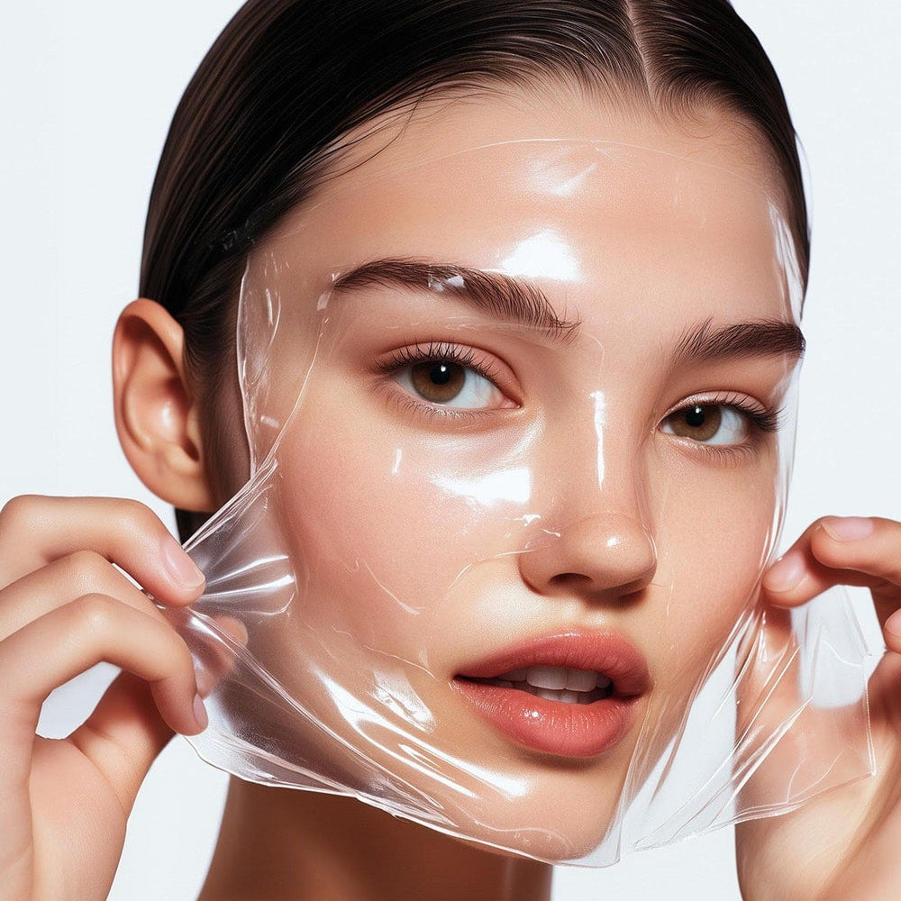 MEDIPEEL Collagen Water Glow Wrapping Mask 100ml : masque gel brillant sur visage, femme en soin spa, fond clair.