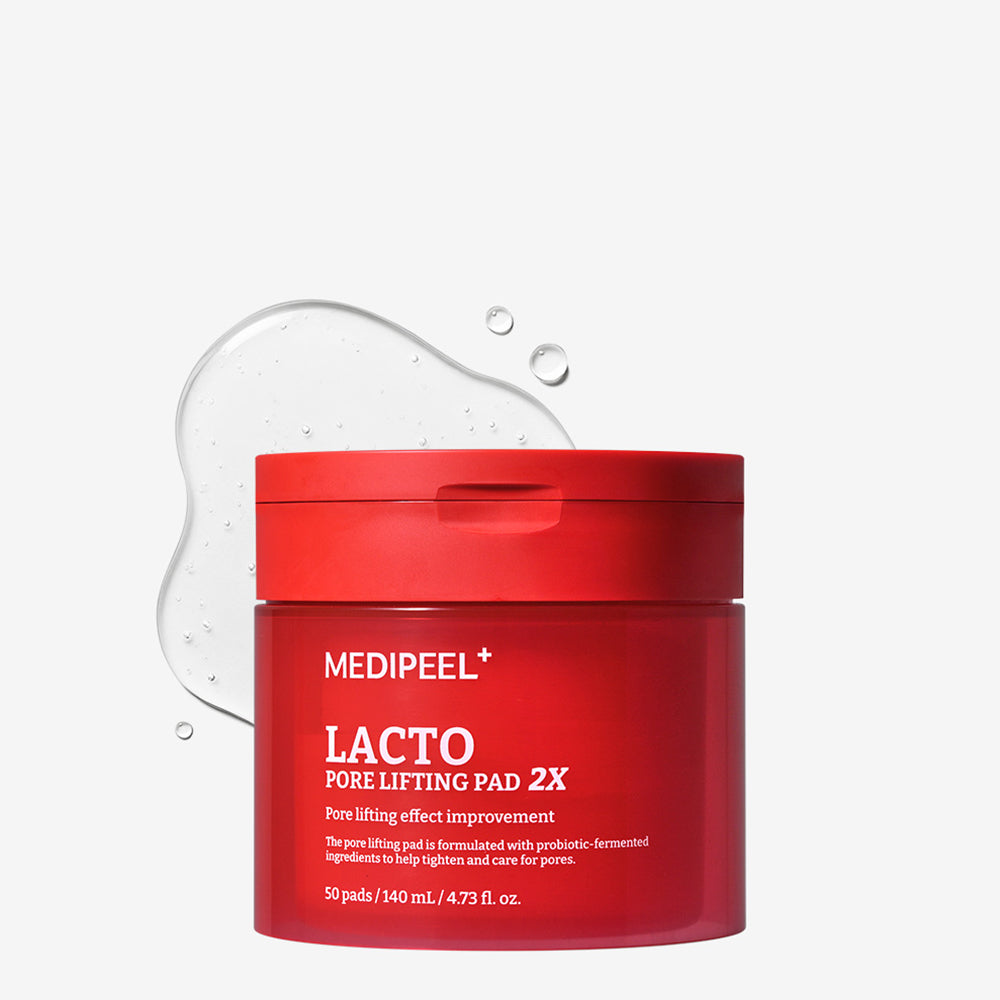 MEDIPEEL Lacto Pore Lifting Pads 2X 140ml 50 Sheets, pot rouge sur fond blanc, gouttes d’eau, anti-pores
