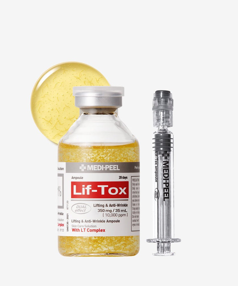 MEDIPEEL Leaf Tox Ampoule 35ml : flacon et ampoule sur fond clair, visuel produit beauté anti-âge