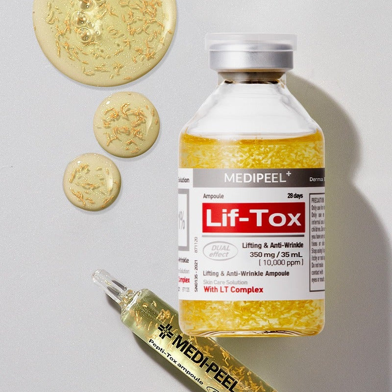 MEDIPEEL Leaf Tox Ampoule 35ml, flacon Lif-Tox sur fond clair avec ampoules et gouttes, esthétique skincare.