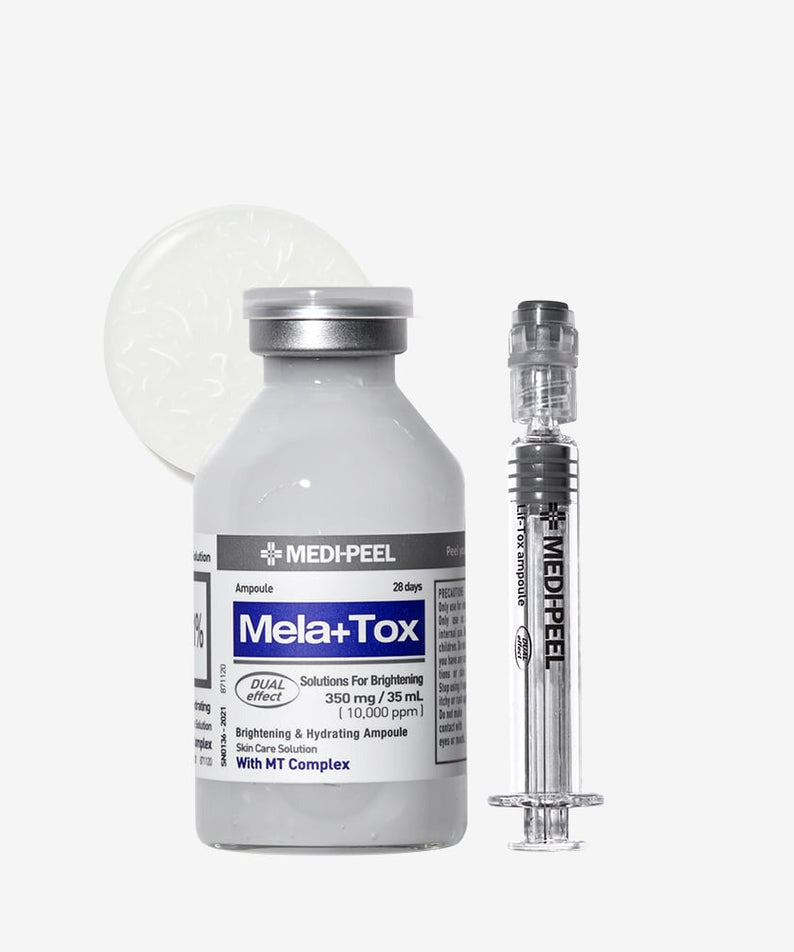 MEDIPEEL Mela Plus Tox Ampoule 35ml : flacon et ampoule sur fond clair, contexte beauté soins anti-taches