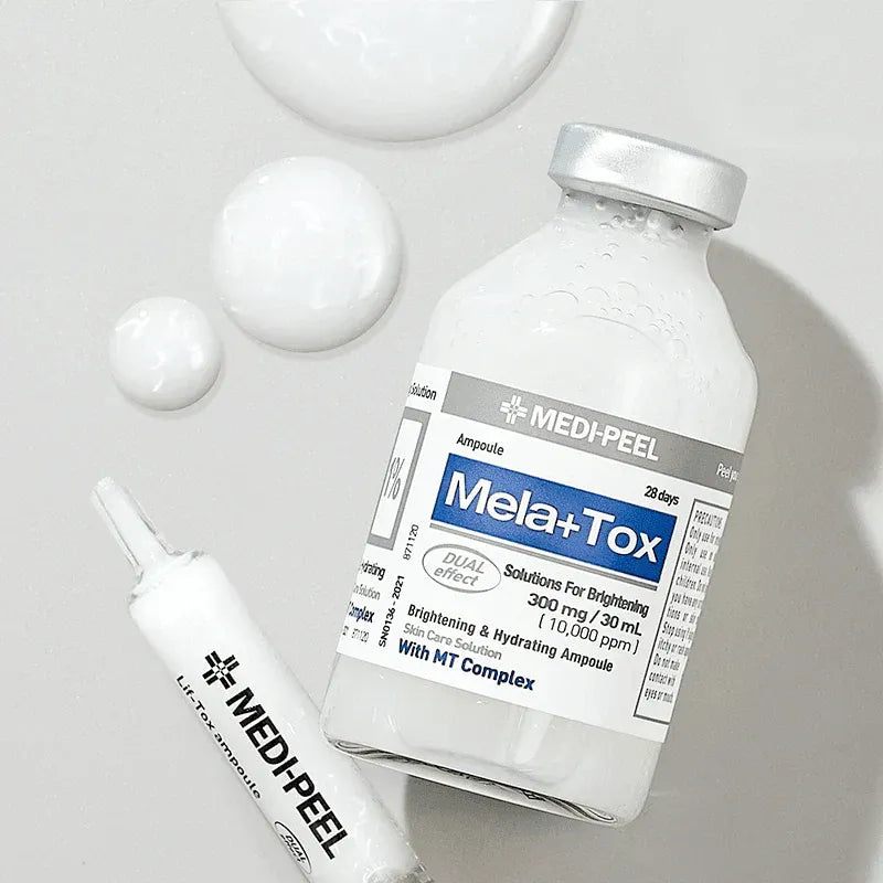 MEDIPEEL Mela Plus Tox Ampoule 35ml, flacon sur fond blanc avec gouttes, produits skincare MEDIPEEL en contexte visuel
