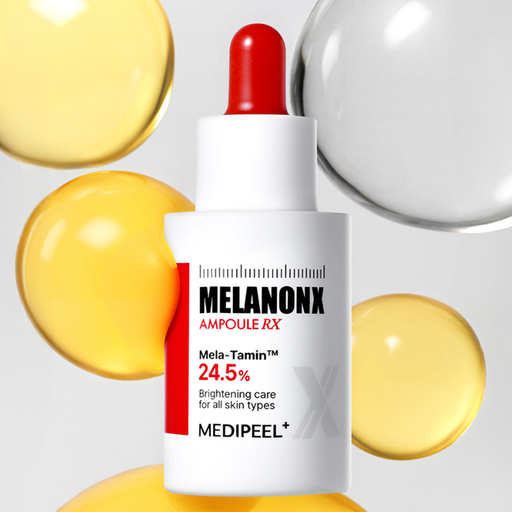 MEDIPEEL Melanon X Ampoule RX 30ml sur fond blanc, entourée de capsules jaunes et goutte rouge, produit soin visage.
