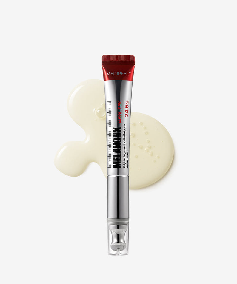 MEDIPEEL Melanon-X Bounce Shot Ampoule RX 20ml, flacon et texture crème sur fond clair, visuel produit de la marque