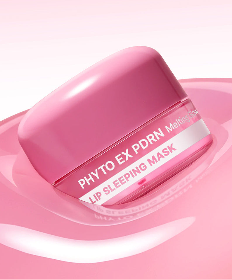 MEDIPEEL Phyto EX PDRN Melting Glow Lip Sleeping Mask 11g + Lip Brush, pot rose sur fond pastel, style maquillage