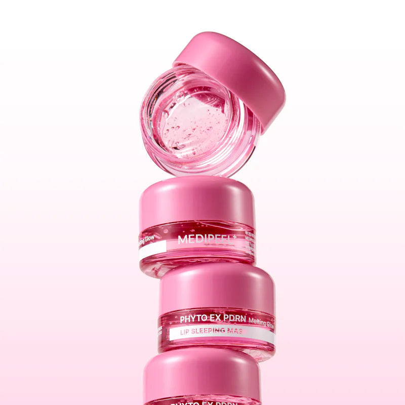 MEDIPEEL Phyto EX PDRN Melting Glow Lip Sleeping Mask 11g + Lip Brush, pot rose et texture gel sur fond clair