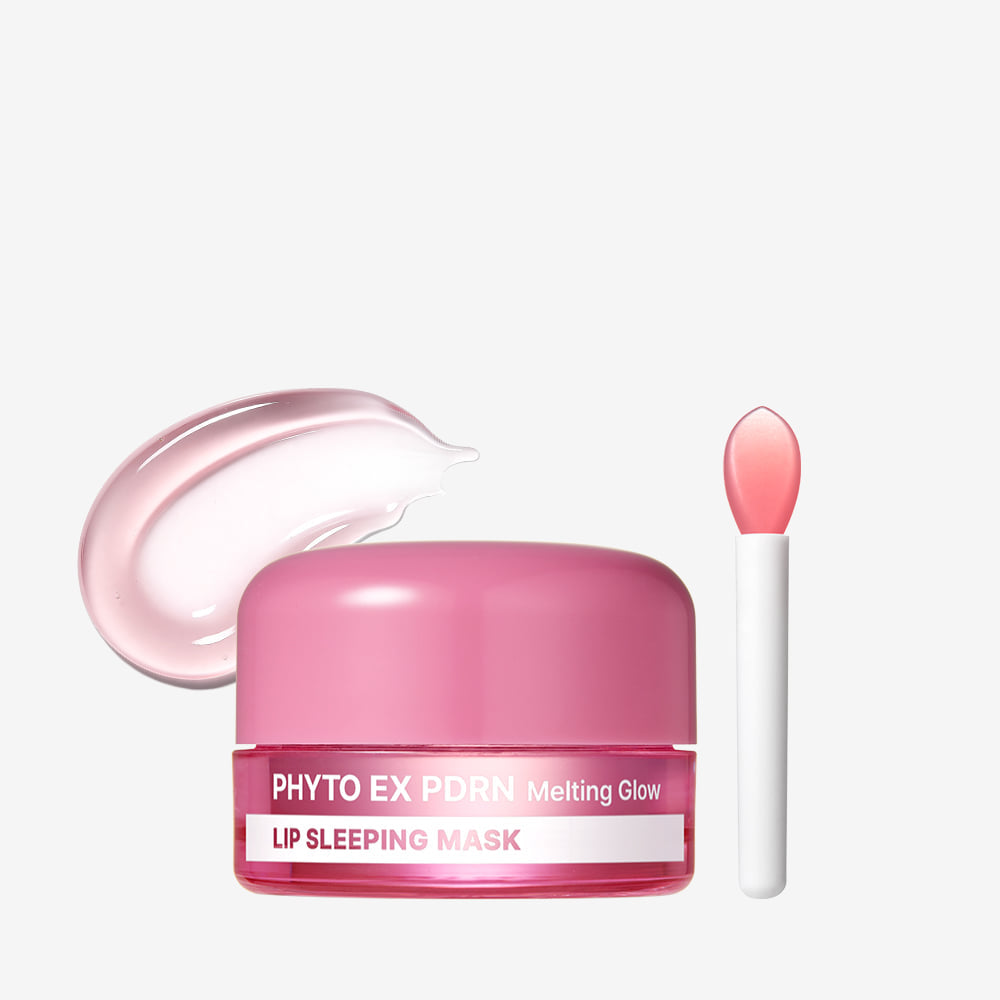 MEDIPEEL Phyto EX PDRN Melting Glow Lip Sleeping Mask 11g + Lip Brush, pot rose et baume sur fond clair.