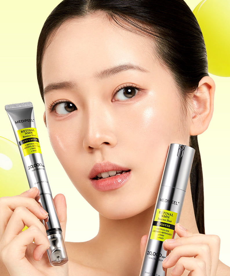 MEDIPEEL Retinal NMN Bounce Shot Booster 30ml, tube cosmétique sur visage de femme, style visuel éclatant jaune