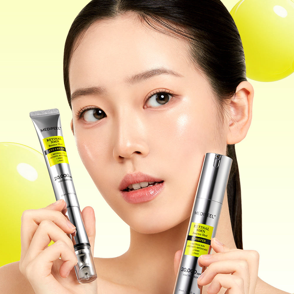 MEDIPEEL Retinal NMN Bounce Shot Booster 30ml, tube cosmétique sur visage de femme, style visuel éclatant jaune