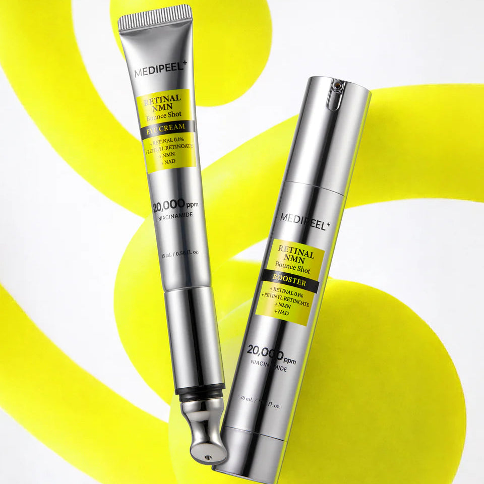 MEDIPEEL Retinal NMN Bounce Shot Eye Cream 15ml : tube de crème contour des yeux sur fond jaune, photo produit.